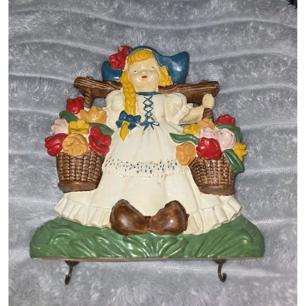 Vintage Dutch Girl Chalkware Wall Plaque Key Rack Flower Baskets Hand Painted 7"